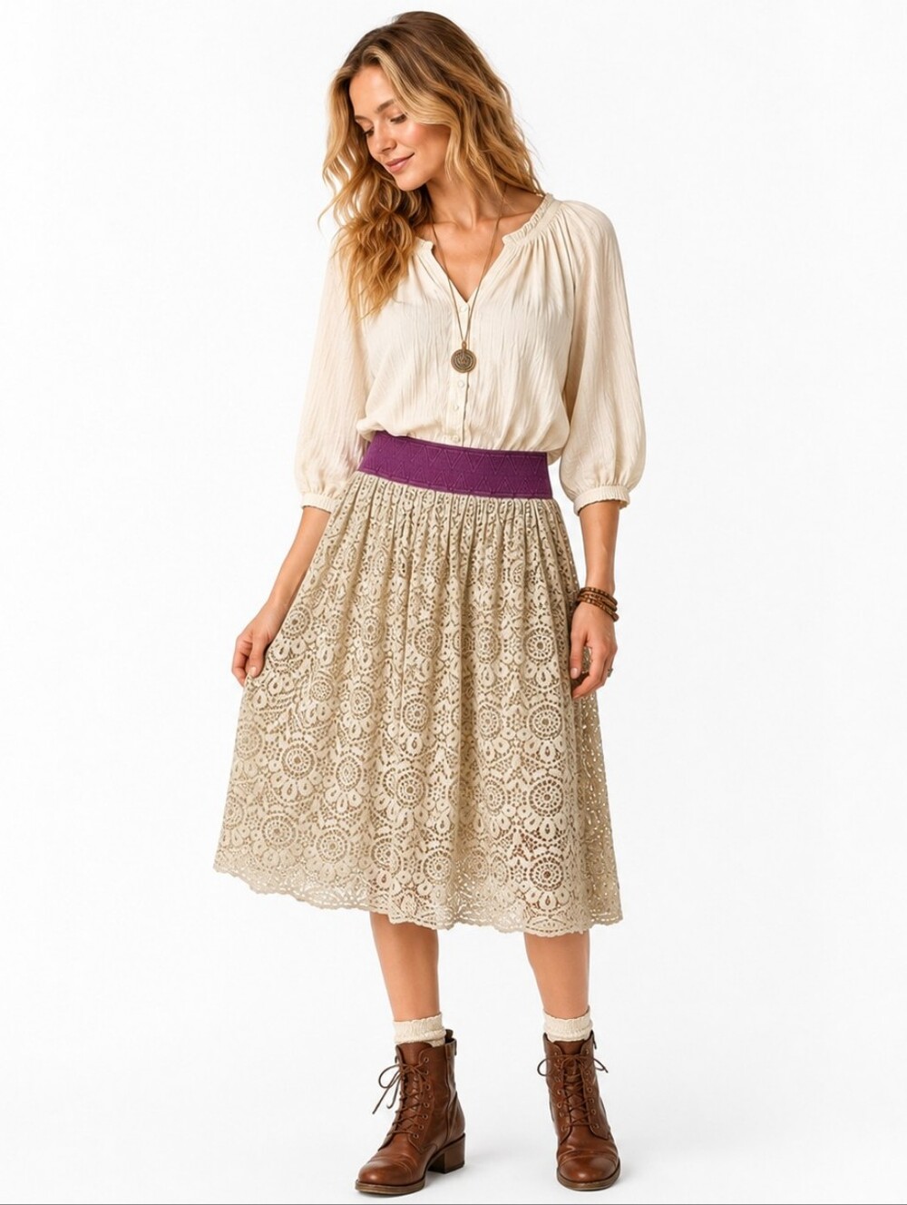 Lula‎ Roe Lola Boho Cottagecore Midi Skirt M Cream Crochet Stretch Waist Lined